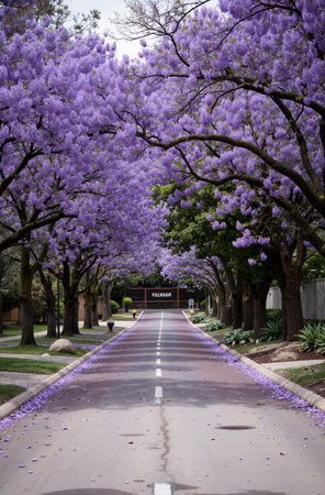 Purple jacaranda trees along the road in a public parkの素材