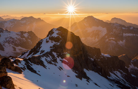 Sunset over the mountains in the Alps in Switzerland, Europe.の素材