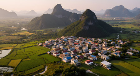 aerial view of karst mountain and village in the morningの素材