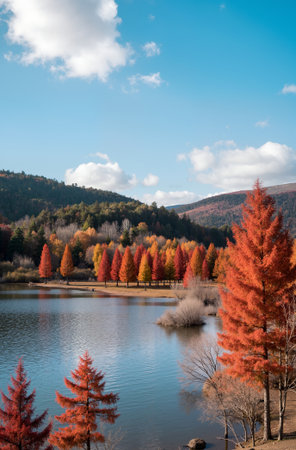 Autumn landscape with lake and colorful trees in the mountains. Russiaの素材