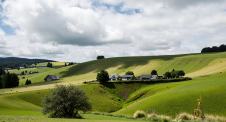 Landscape of rolling hills in the English countryside with a small villageの素材
