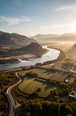 Aerial view of the river and mountains in the morning light.の素材
