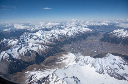 Aerial view of the snow capped mountains in the Himalayasの素材