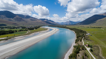 Aerial view of the river and mountains in Kyrgyzstanの素材