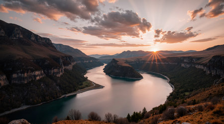 Panoramic view of the lake and mountains at sunset, Switzerlandの素材