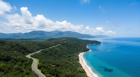 Aerial view of tropical beach and sea with blue sky background.の素材