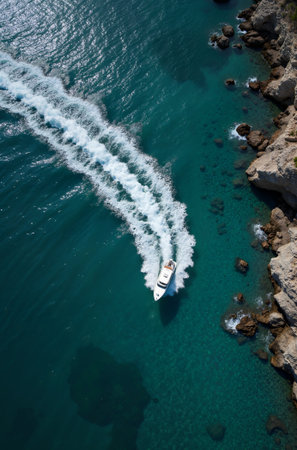Aerial view of a speedboat in the Mediterranean sea, Greeceの素材