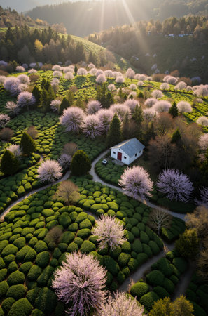 Aerial view of tea plantation in spring, Chiang Rai, Thailandの素材