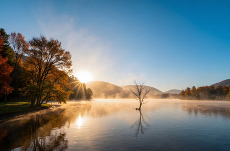 Autumn lake landscape with trees and fog in the morning at sunriseの素材