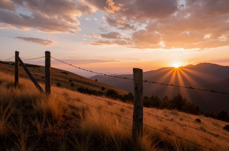 Sunset in the mountains with a fence and a wooden fence.の素材