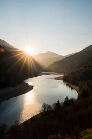 Beautiful landscape of mountains and river at sunset. Caucasus, Russiaの素材