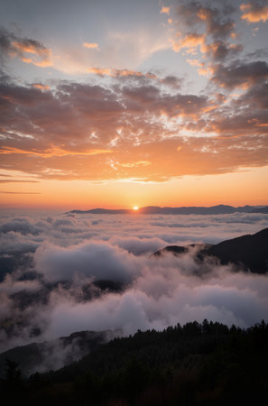 Sunrise over the clouds in the mountains of Yunnan, Chinaの素材