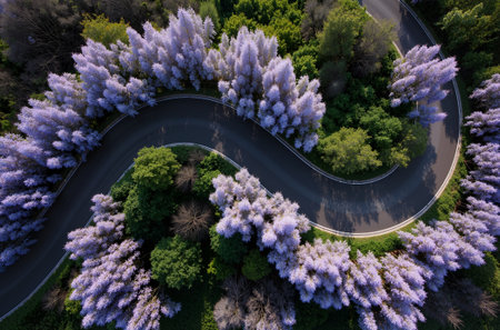 Aerial view of a winding road surrounded by wisteria treesの素材