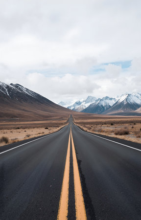 Highway in Patagonia with snow capped mountains in the backgroundの素材