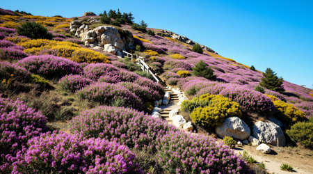 Landscape with blooming purple heather on the slope of the mountainの素材