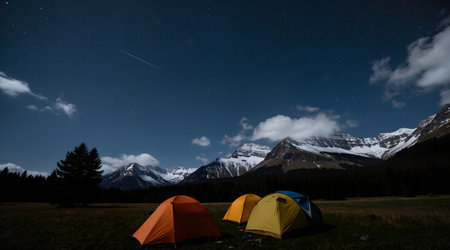 Camping in the mountains at night with starry sky in the backgroundの素材