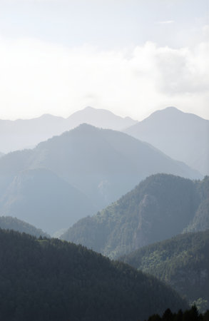 Mountain landscape with fog in the morning. Caucasus, Georgia.の素材