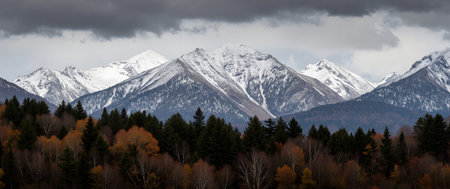 panoramic view of snow covered alpine peaks in Colorado during fallの素材