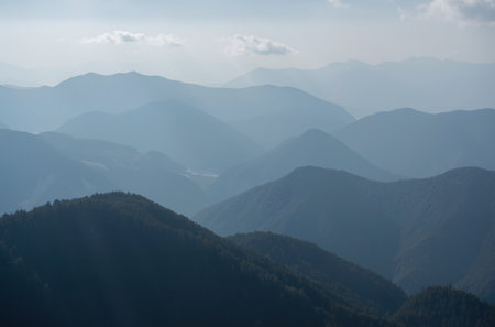 Mountain landscape in the morning light. View from the top of the mountain.の素材