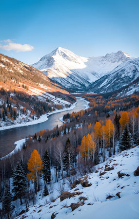 Beautiful autumn alpine landscape with river and snow-capped mountainsの素材