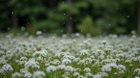 Blooming buckwheat field in the rain. Selective focus.の素材