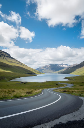Winding road on the lake with mountains and clouds in the backgroundの素材