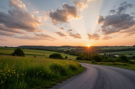 Sunset over the countryside road. Beautiful summer landscape in Poland.の素材