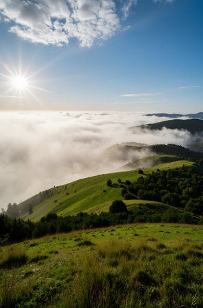 Beautiful mountain landscape with clouds and blue sky. Carpathian, Ukraineの素材