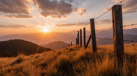 Sunset in the mountains with fence and sun rays on the horizonの素材