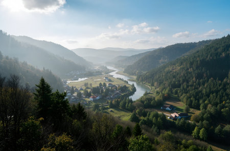 Landscape with river and village in Carpathian mountains, Ukraineの素材