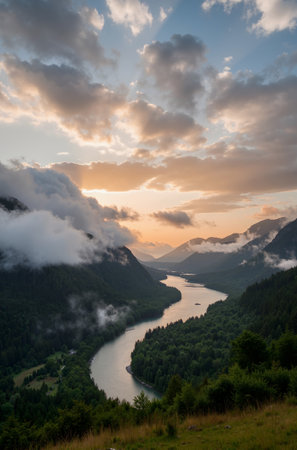Mountain landscape with lake and cloudy sky at sunset in summer.の素材