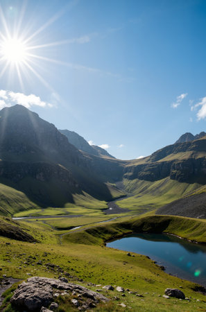 beautiful mountain landscape with a lake in the middle of the valleyの素材