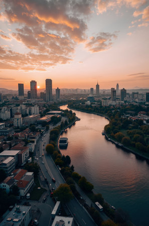 Aerial view of the city of Heidelberg at sunset, Germanyの素材