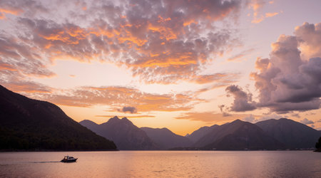 Sunset at Lake Como, Lombardy, Italy. Landscape with mountains in the background.の素材