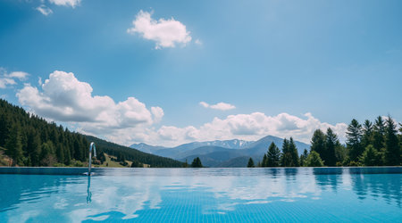 Swimming pool with mountains in the background and blue sky with cloudsの素材