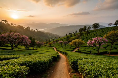 Tea Plantation at Sunrise in Munnar, Kerala, South Indiaの素材
