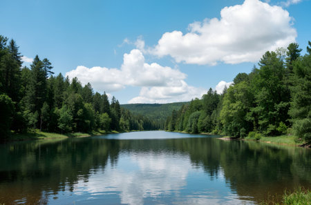 lake in the forest on a background of blue sky with white cloudsの素材
