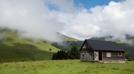 Wooden house in the mountains in the clouds. Carpathians, Ukraineの素材