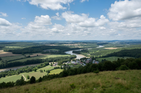 View from the mountain to the valley and the river in the summerの素材