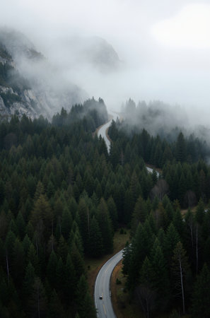 Aerial view of mountain road in foggy day. Dolomites, Italyの素材