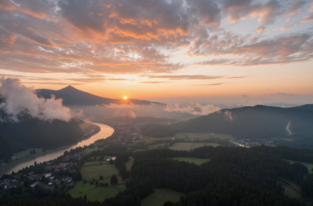 Sunset over the valley of the river Bled in Slovenia.の素材