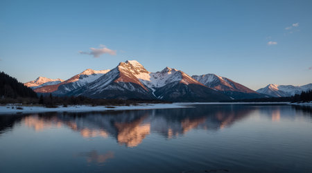 Mountains reflected in the lake at sunset, Canadian Rockies, Alberta, Canadaの素材