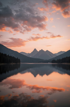 Mountain lake at sunset with reflection of mountains in the water.の素材