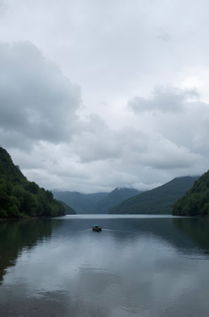Landscape view of a beautiful lake and mountains under a cloudy skyの素材