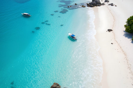 Aerial view of beautiful tropical beach with white sand, turquoise water and blue skyの素材