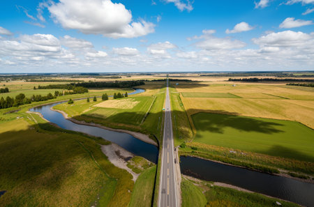 Aerial view of a highway and a river in the countryside.の素材