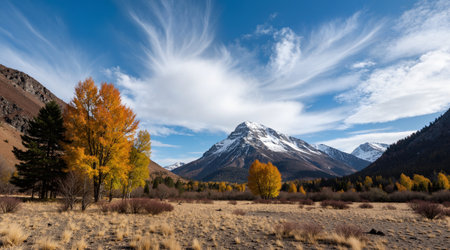 Scenic view of snow capped mountains and yellow aspen trees in autumnの素材