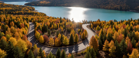 panoramic aerial view of winding road in autumn forest and lakeの素材
