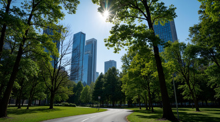 city park and skyscrapers in Chicago, Illinois, USA.の素材