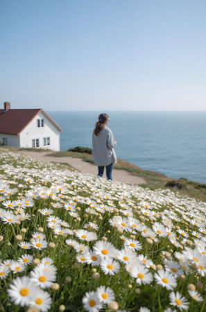 Woman standing in front of a lighthouse with daisies in foregroundの素材